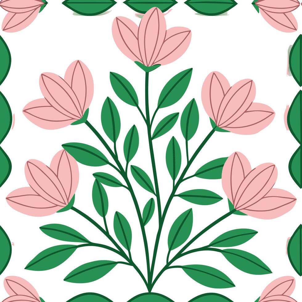 Pink Flowers Green Leaves Botanical Illustration Seamless Pattern Design vector