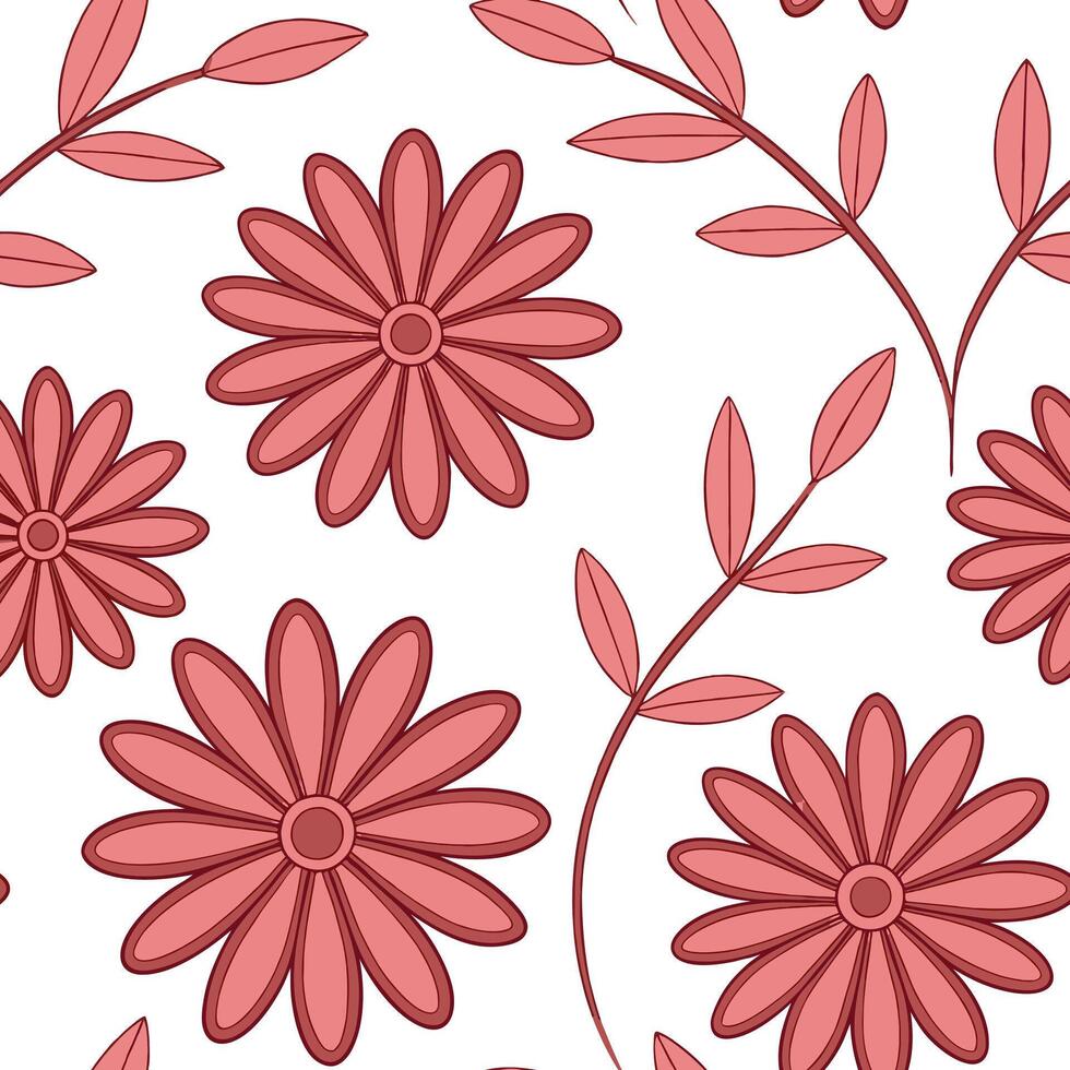 Pink Floral Seamless Pattern Flowers, Leaves Botanical Design vector