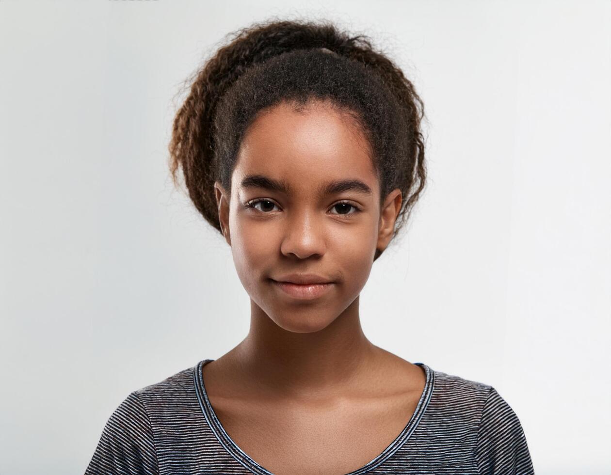 Close Up Portrait of African Teenager with Defined Loose Curls and Expression on White Background photo