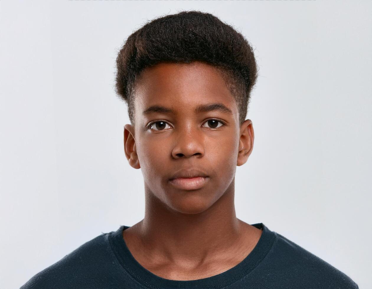 Close Up Portrait of African Teenager with Defined Side Parted Curls on White Background photo