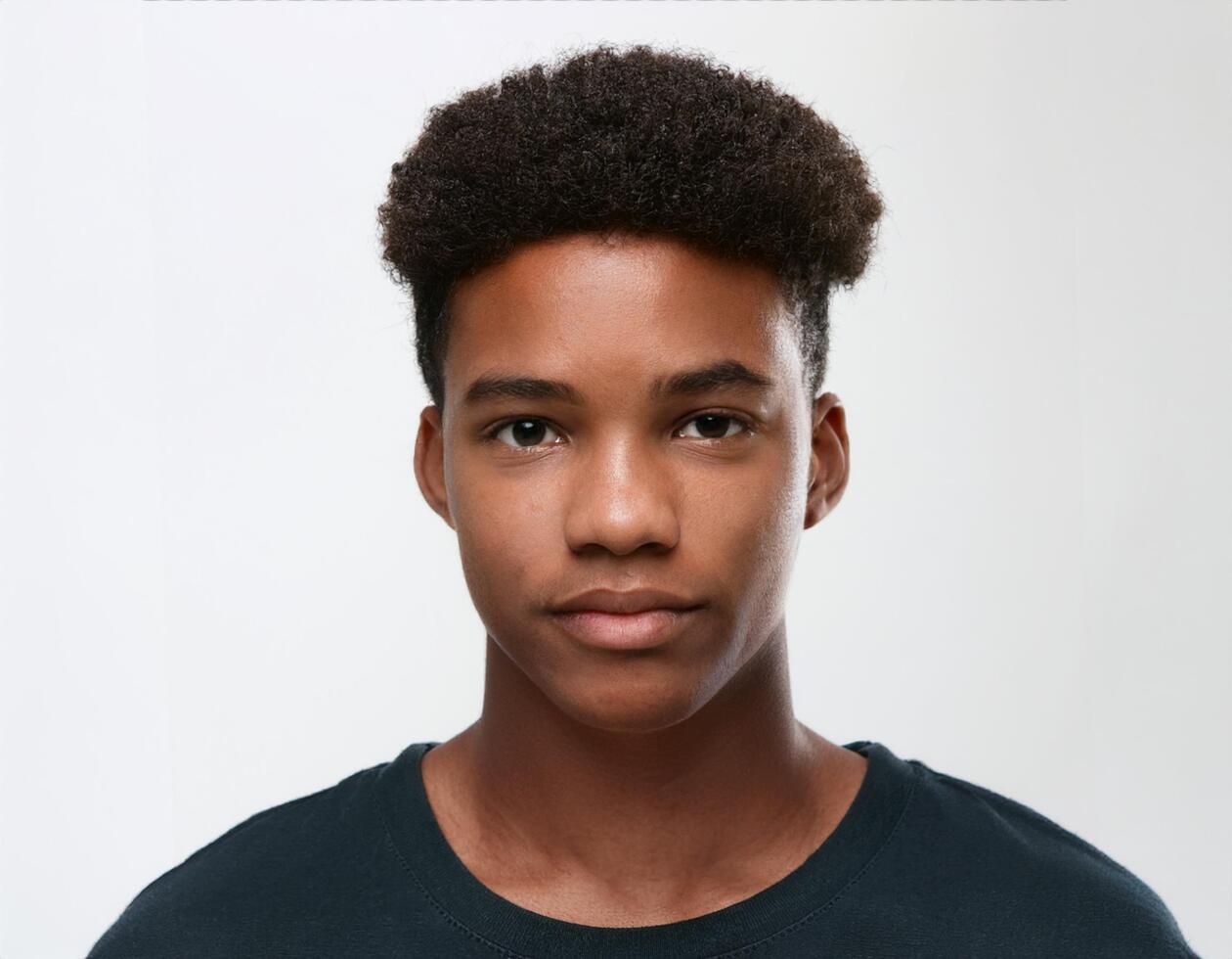 Portrait of African Teenager with Defined Soft Fro and Expression on White Background photo