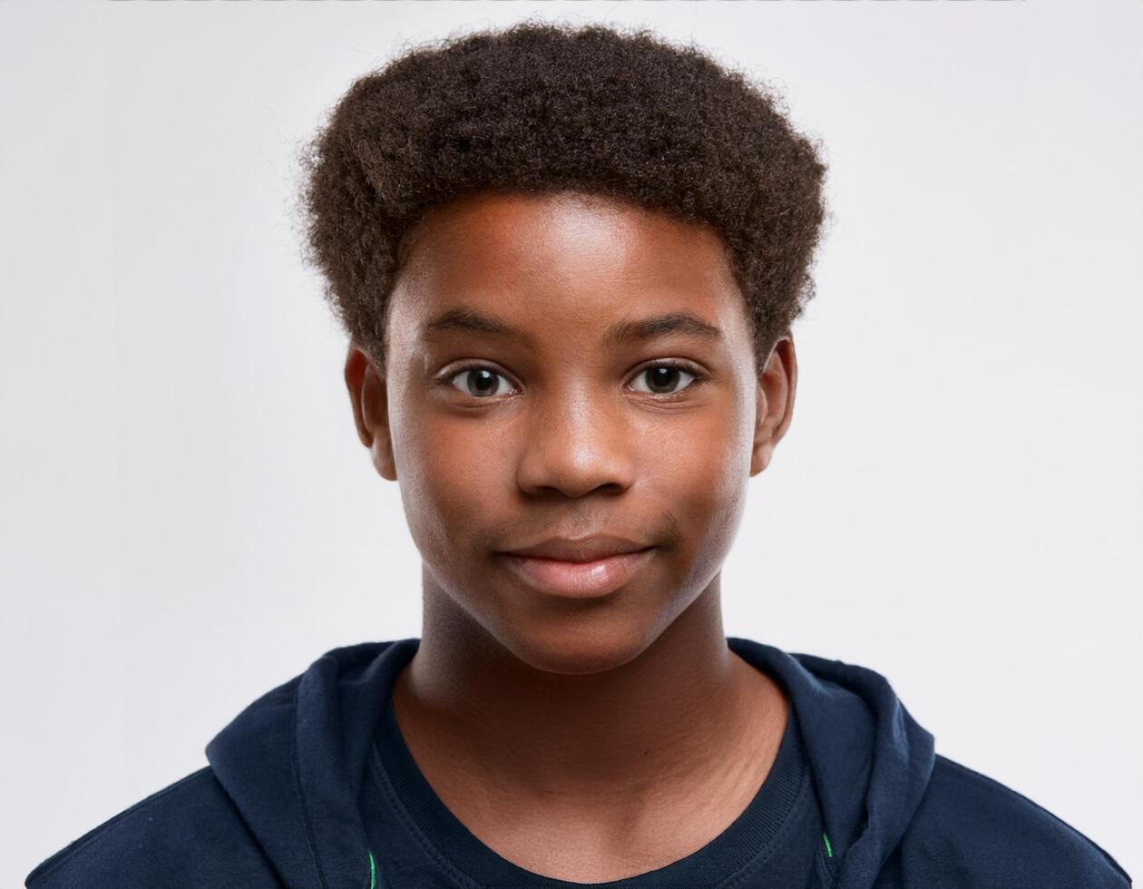 Portrait of African Teenager with Defined Short Dreadlocks and Expression on White Background photo