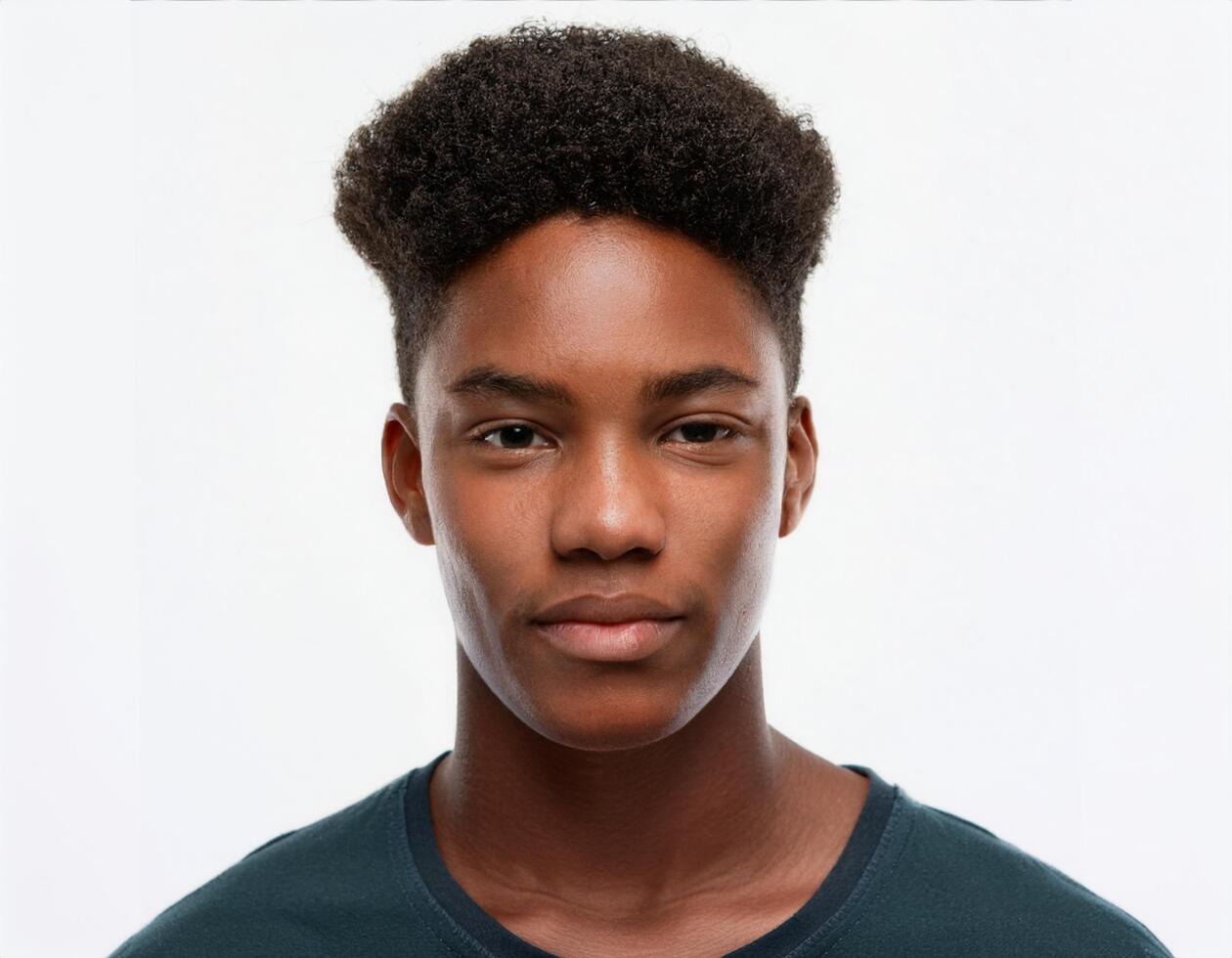 Studio Portrait of African Teenager with Defined Short Twisted Braids on White Background photo