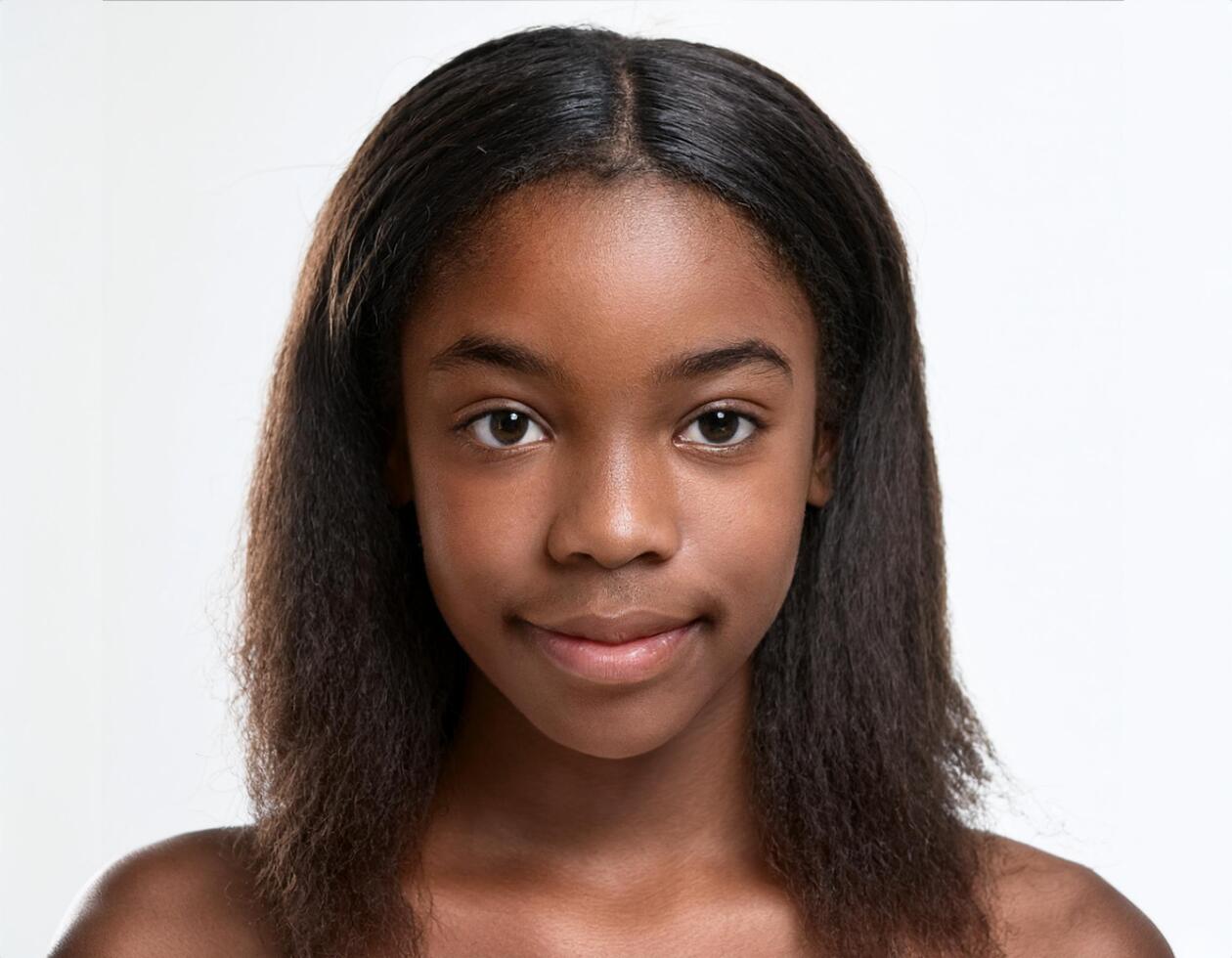 Close Up Portrait of African Teenager with Defined Long Braids and Soft Expression on White Background photo