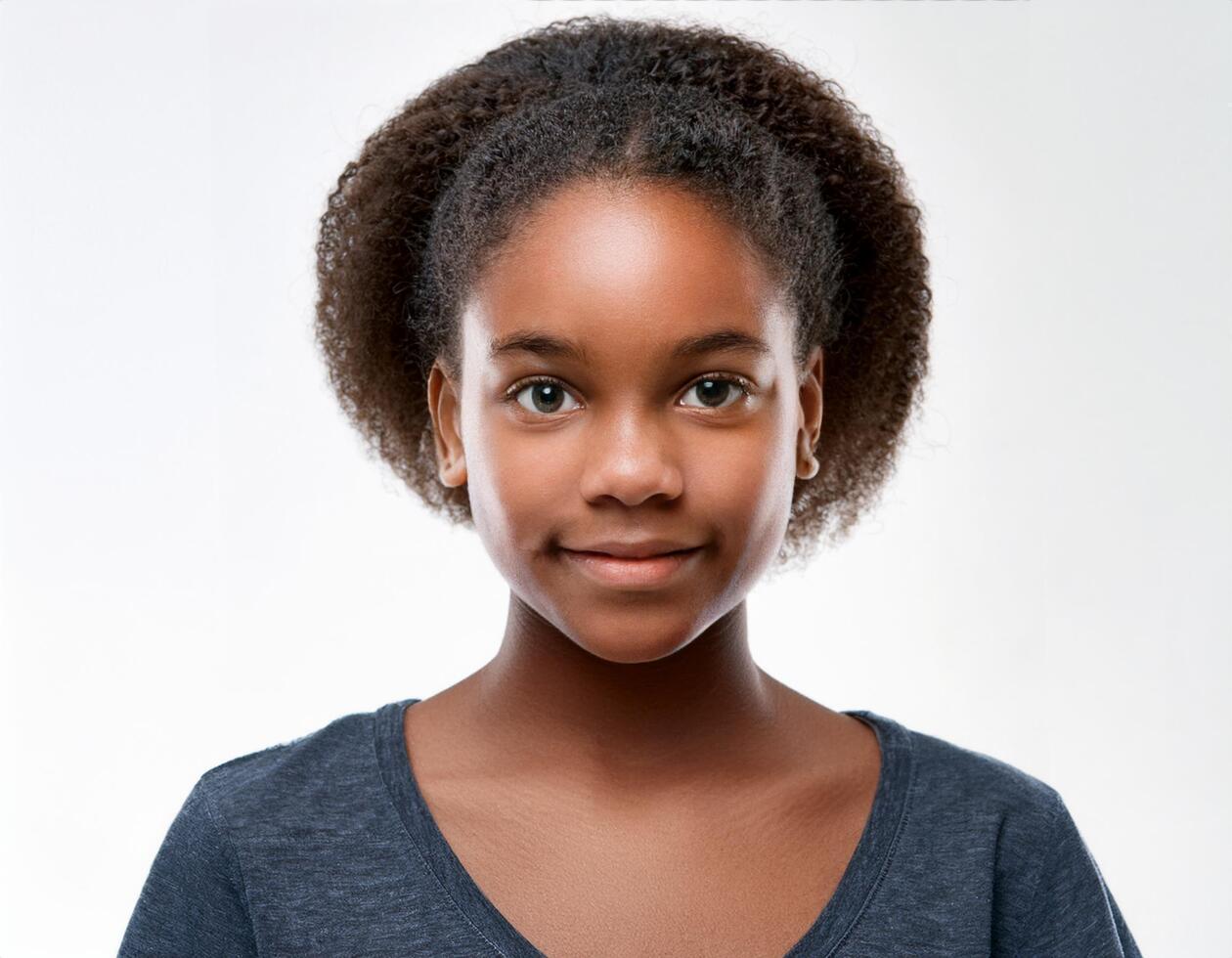 Close Up Portrait of African Teenager with Defined Curly High Fade Hairstyle on White Background photo