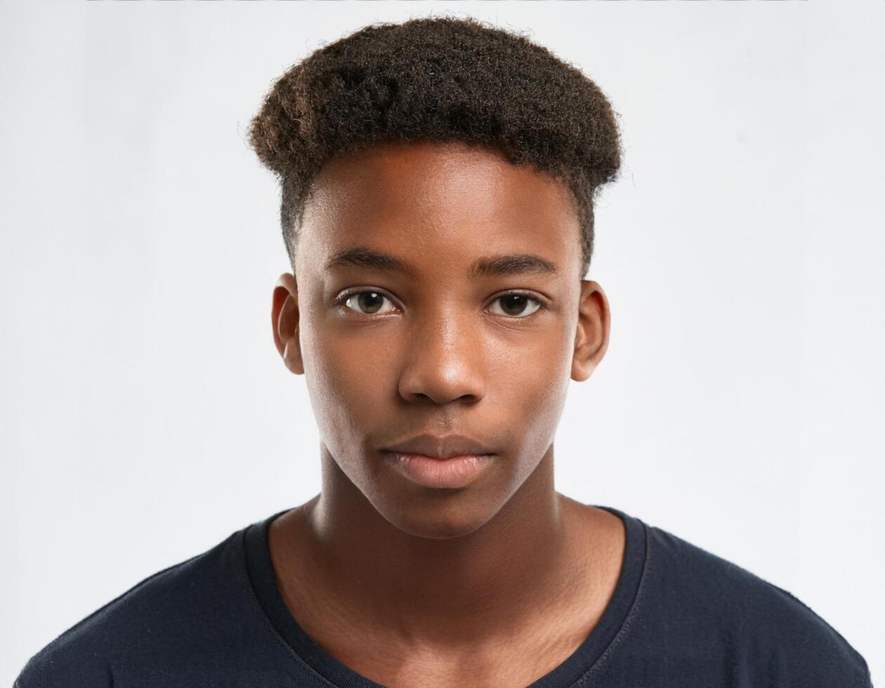 Portrait of African Teenager with Defined Soft Afro Curls on White Background photo