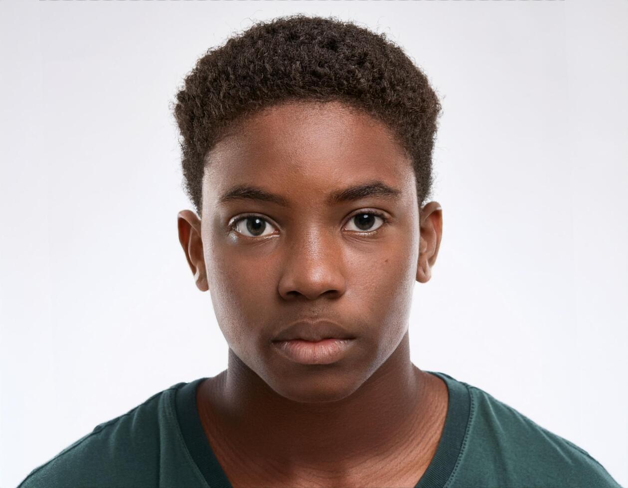 Close Up Portrait of African Teenager with Defined Short Wavy Curls on White Background photo