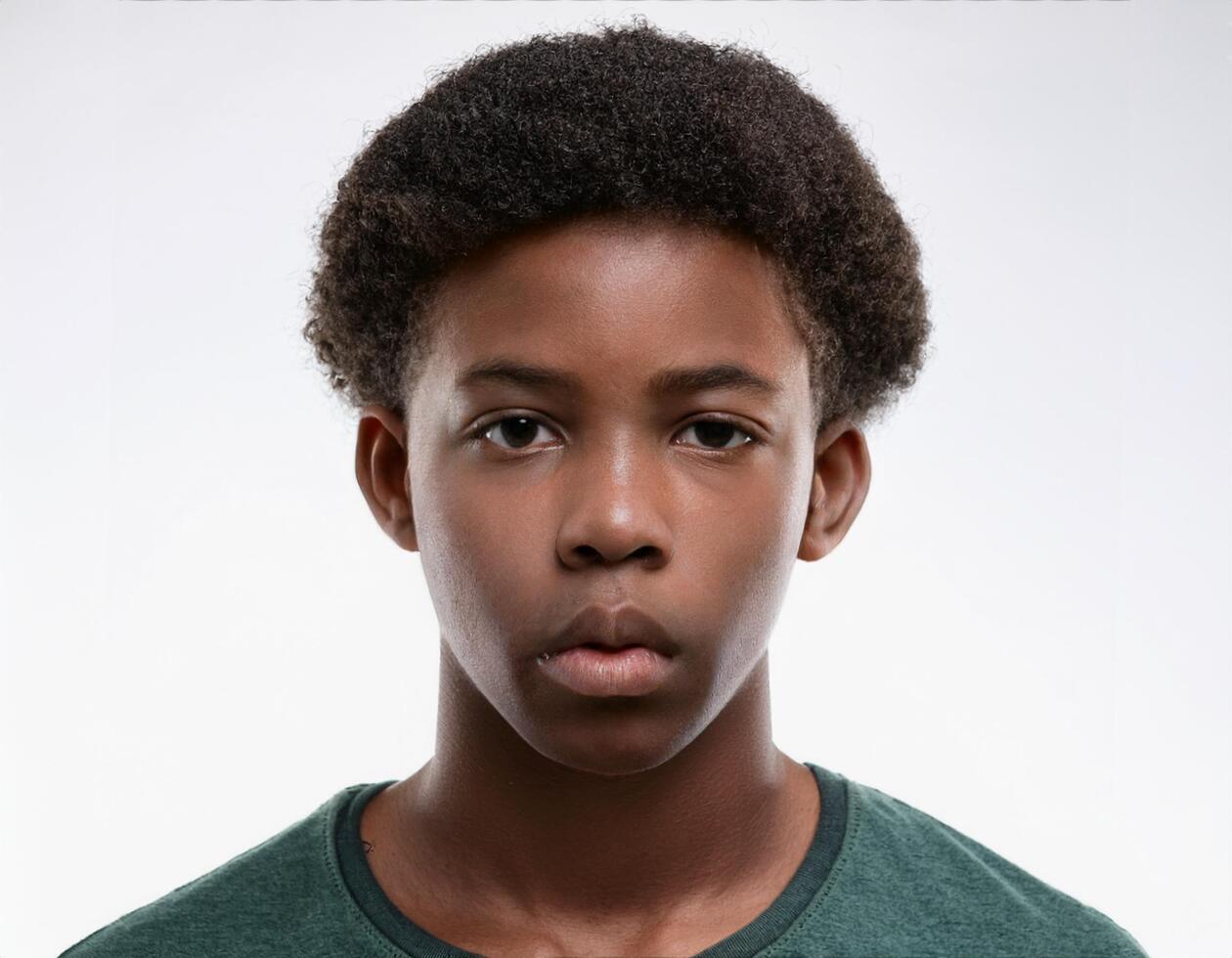Portrait of African Teenager with Defined Shaved Head and Soft Expression on White Background photo