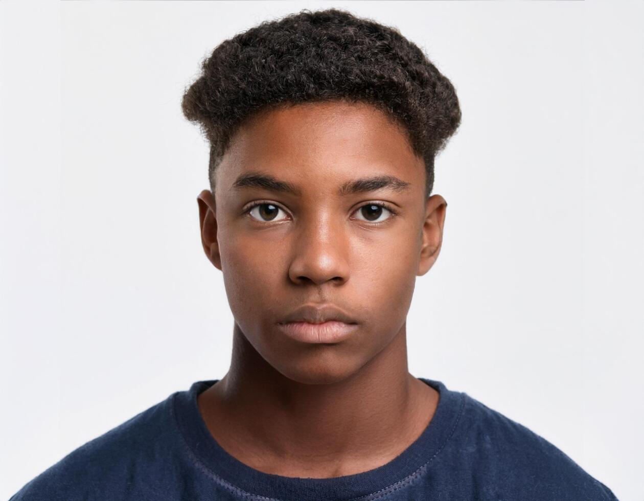 Portrait of African Teenager with Defined High Curls and Clear Skin on White Background photo