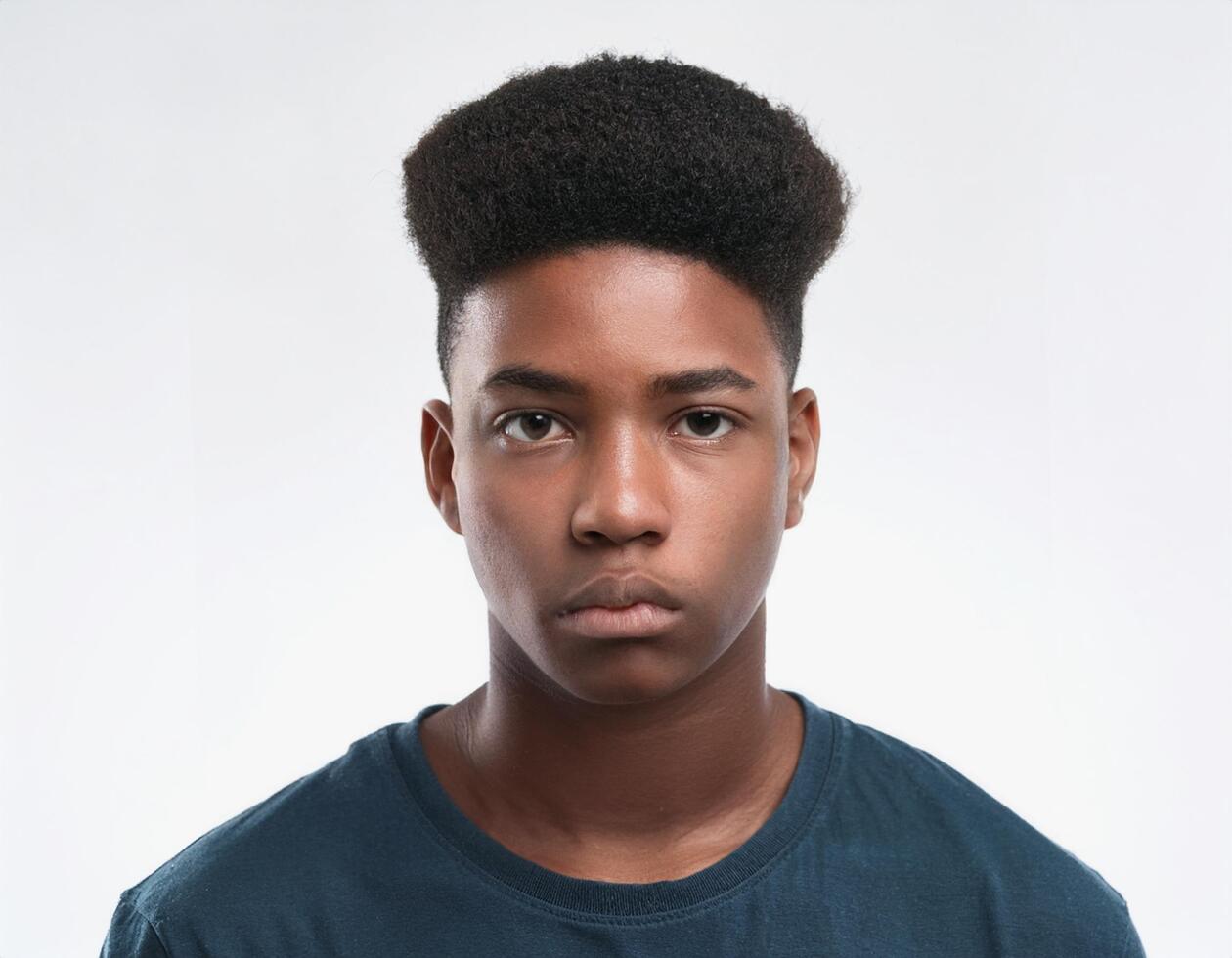 Teenager Portrait with Defined Natural Curls and Expression on White Background photo