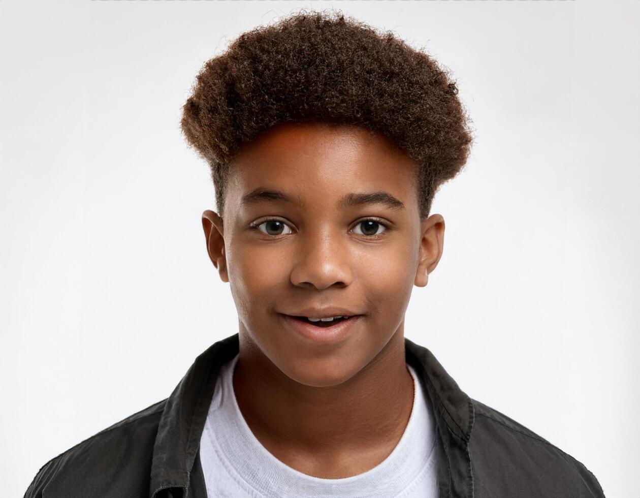 Portrait of African Teenager with Defined Long Natural Curls on White Background photo