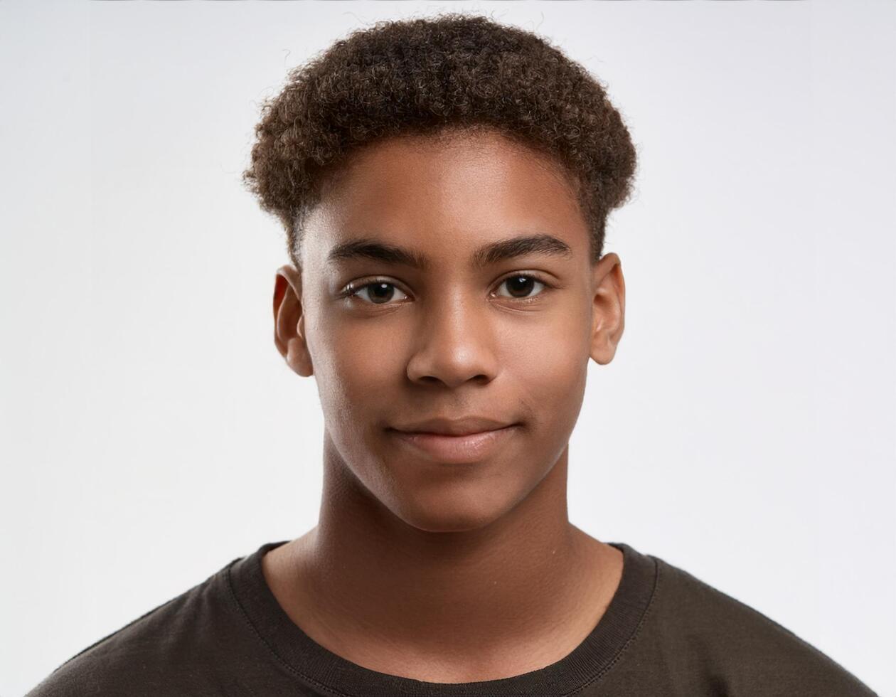 Close Up Portrait of African Teenager with Defined Curly Texture and Expression on White Background photo