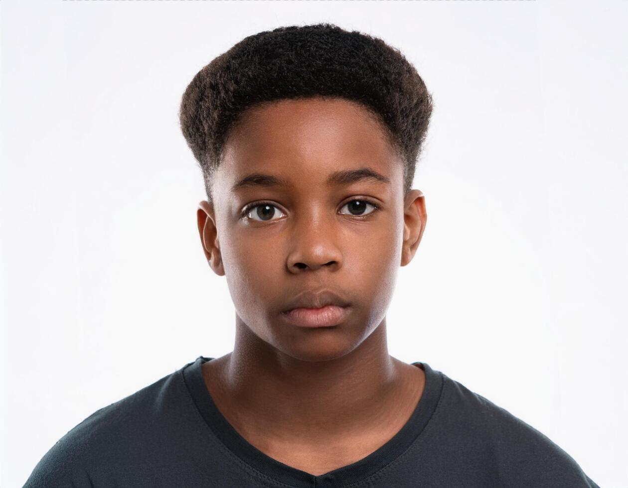 Close Up Portrait of African Teenager with Defined Tightly Coiled Curls on White Background photo
