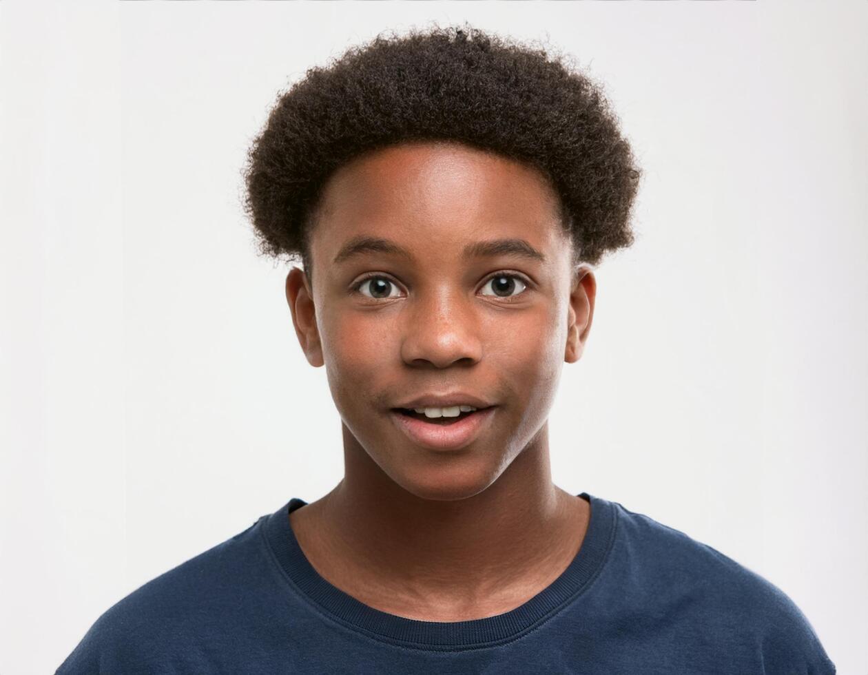 Portrait of African Teenager with Defined Textured Curls and Expression on White Background photo