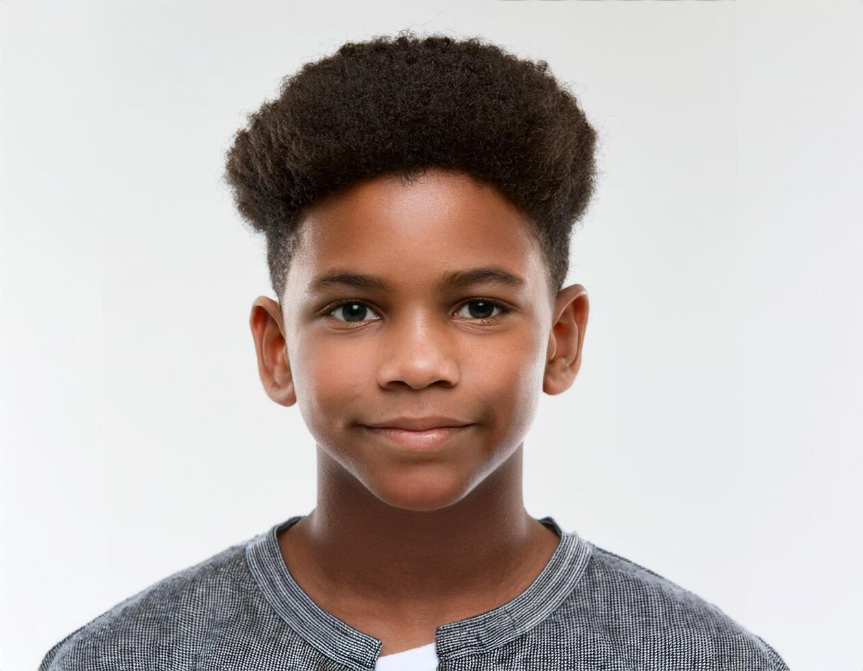Close Up Portrait of African Teenager with Defined Defined Afro Curls on White Background photo