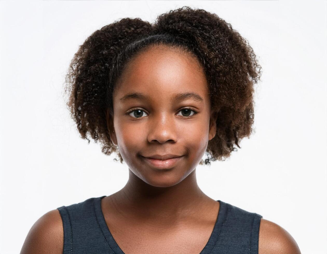 Portrait of African Teenager with Defined Soft Ringlets and Expression on White Background photo