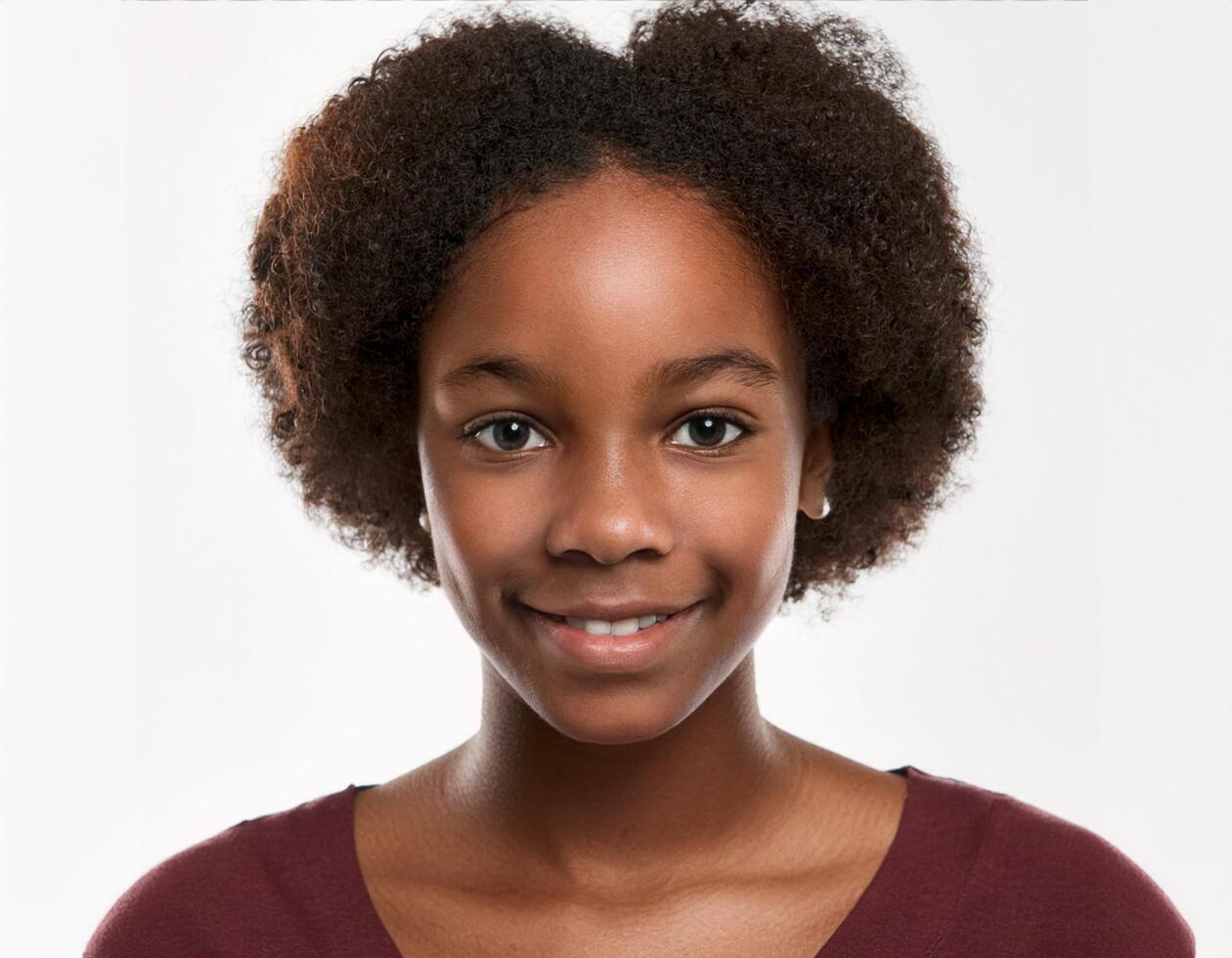 Close Up Portrait of African Teenager with Defined Defined High Curls on White Background photo