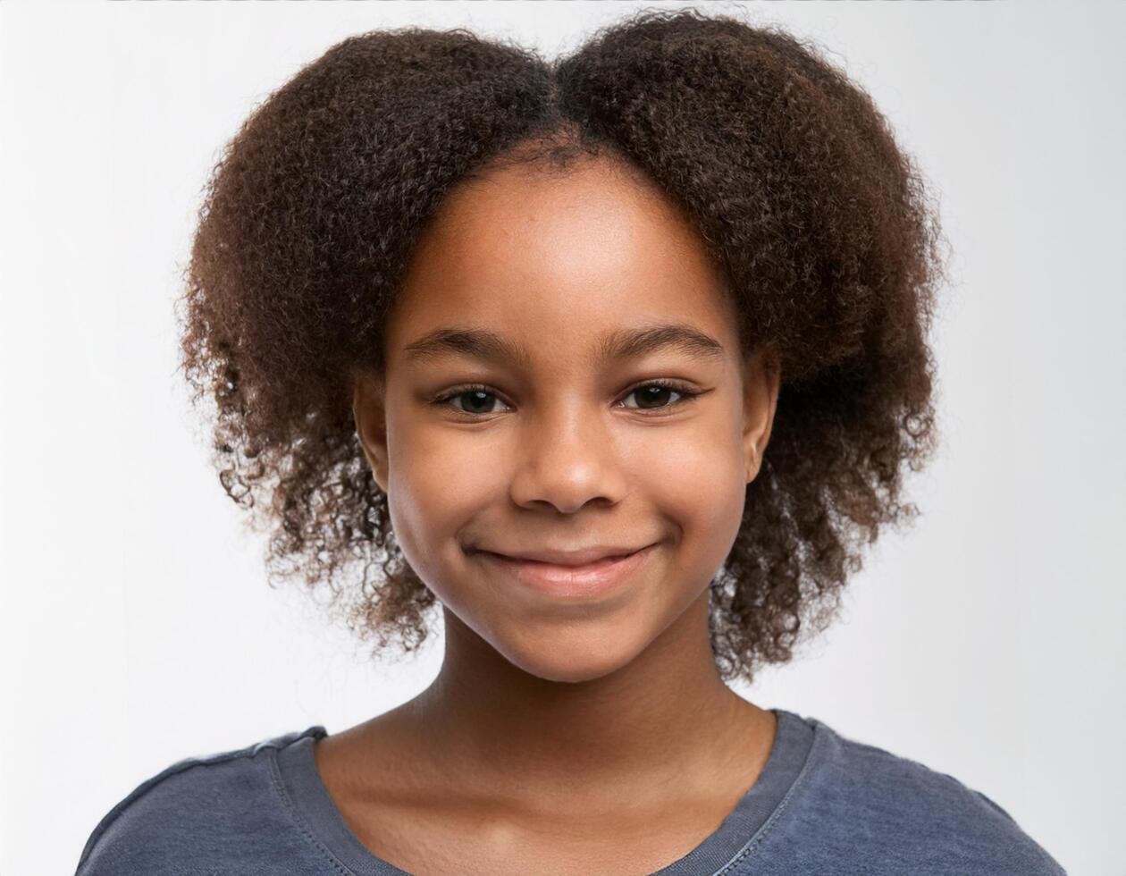 Close Up Portrait of African Teenager with Defined Defined Ringlet Curls on White Background photo