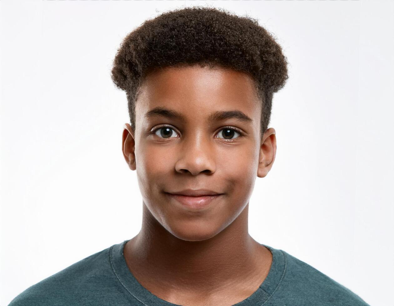 Studio Portrait of African Teenager with Defined Defined Tight Ringlet Curls on White Background photo
