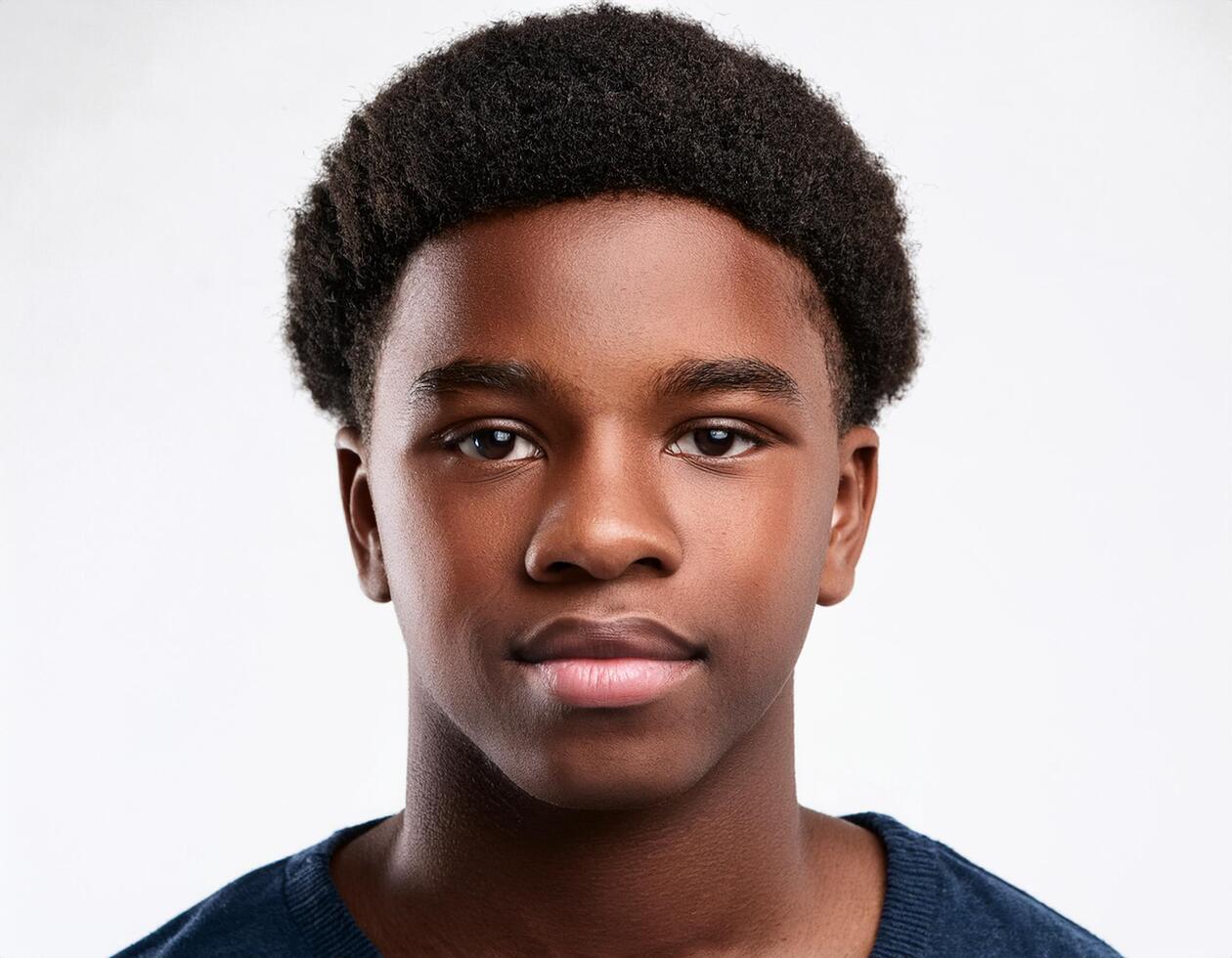 Portrait of African Teenager with Defined Defined Soft Curly Bob on White Background photo