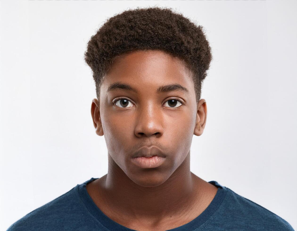 Portrait of African Teenager with Defined Defined Natural High Curls on White Background photo