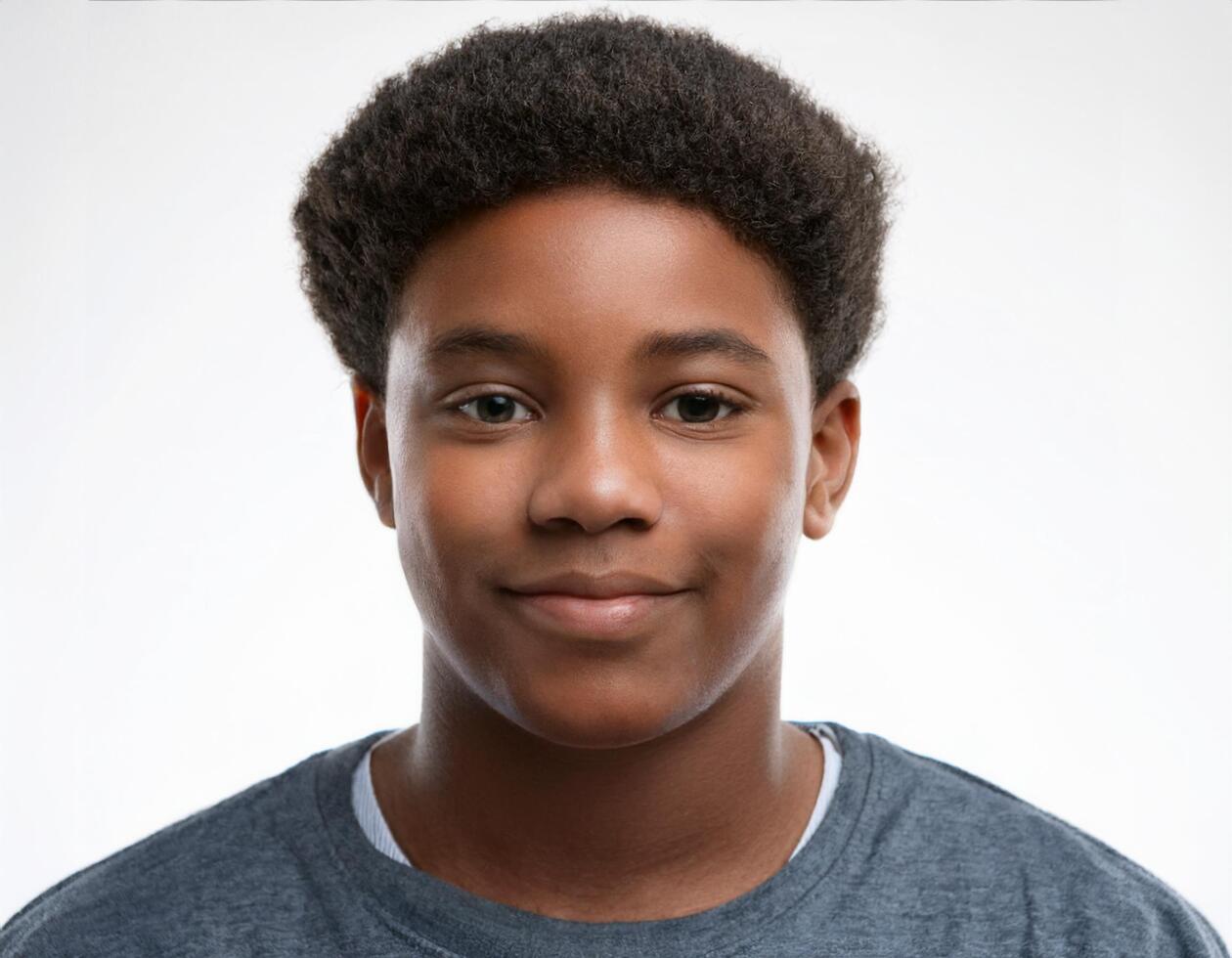 Portrait of African Teenager with Defined Defined Curly Curls and Expression on White Background photo