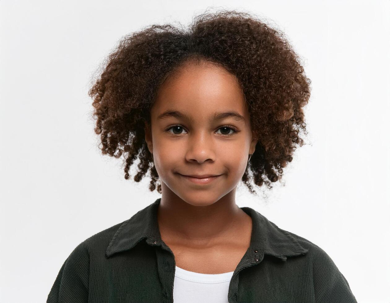 Portrait of African Teenager with Defined Defined Curly Edges and Expression on White Background photo