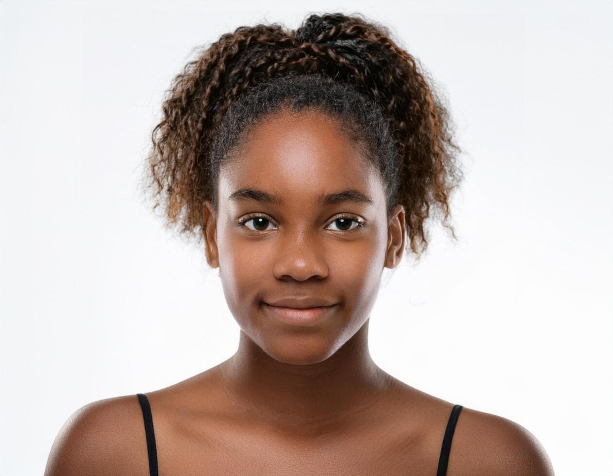 Portrait of African Teenager with Defined Defined Textured Braided Curls on White Background photo