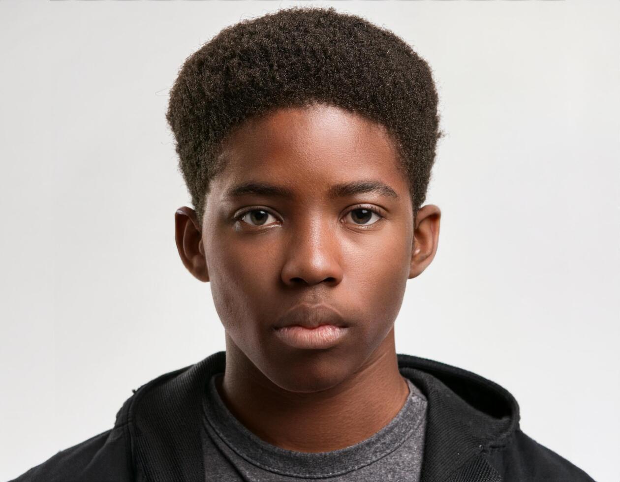 Portrait of African Teenager with Defined Defined High Curl Natural Curls on White Background photo