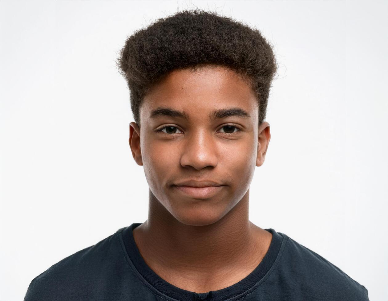 Studio Portrait of African Teenager with Defined Defined Short Curly Bob on White Background photo