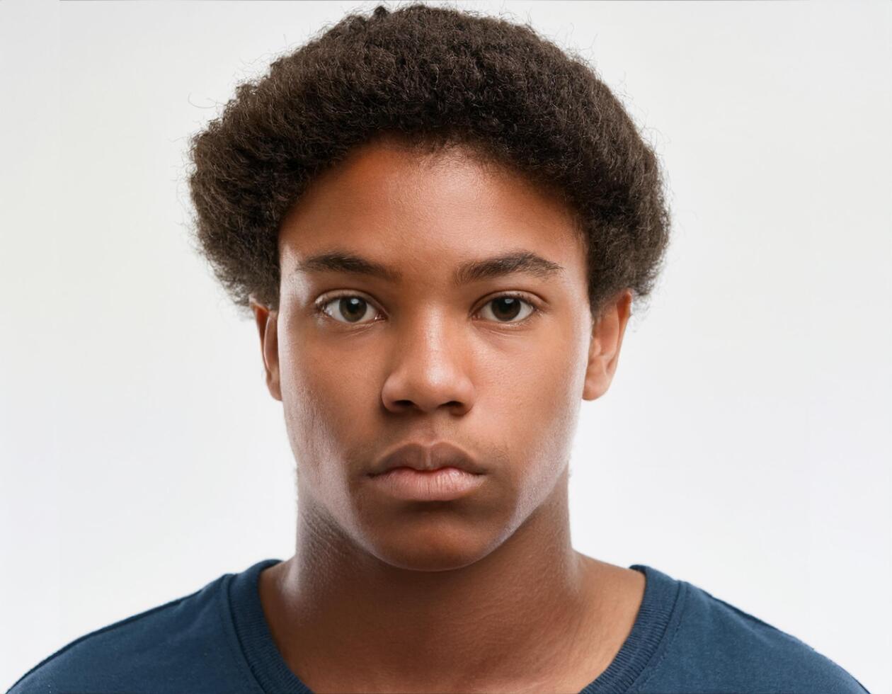 Studio Portrait of African Teenager with Defined Defined Defined Curly Side Parted Hair on White Background photo