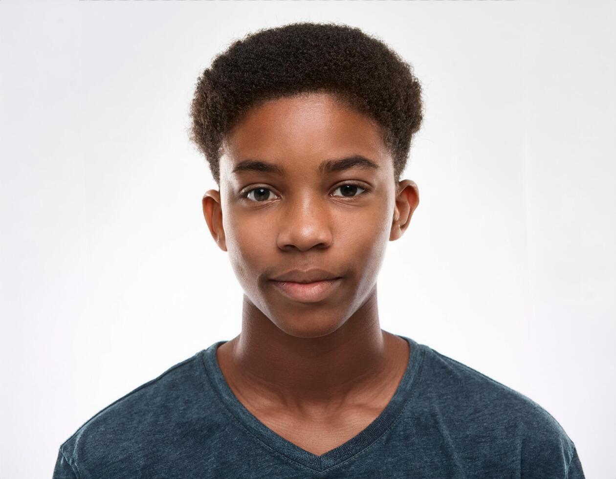 Portrait of African Teenager with Defined Defined Soft Braided Textured Curls on White Background photo