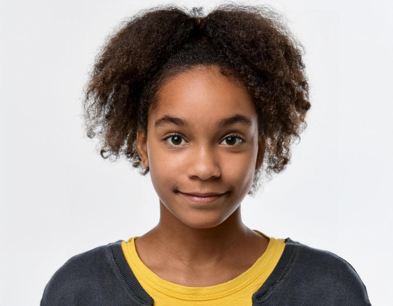 Portrait of African Teenager with Defined Defined Curly Braids and on White Background photo