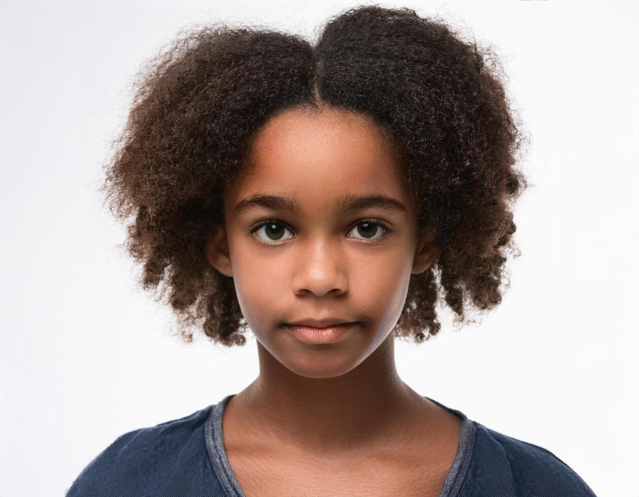 Studio Portrait of African Teenager with Defined Defined Defined Medium Length Curls on White Background photo