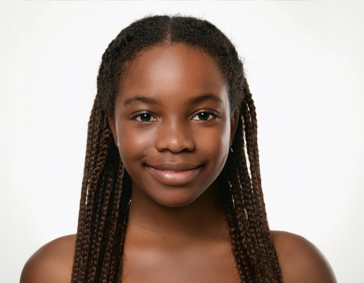 Studio Portrait of African Teenager with Defined Defined Curly Side Parted Braids on White Background photo