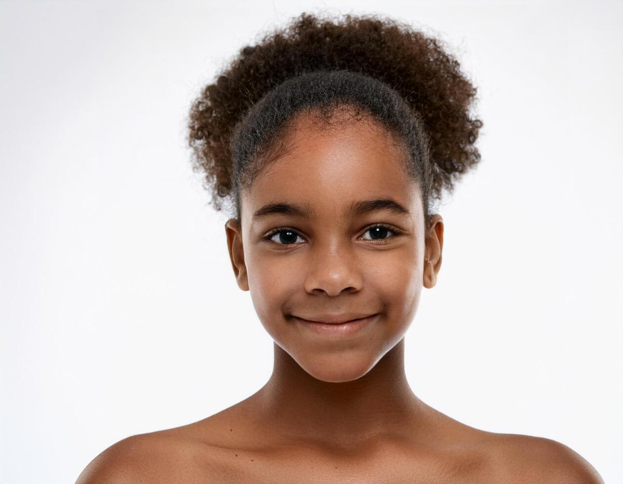 Portrait of African Teenager with Defined Defined Short Curly Bob on White Background photo