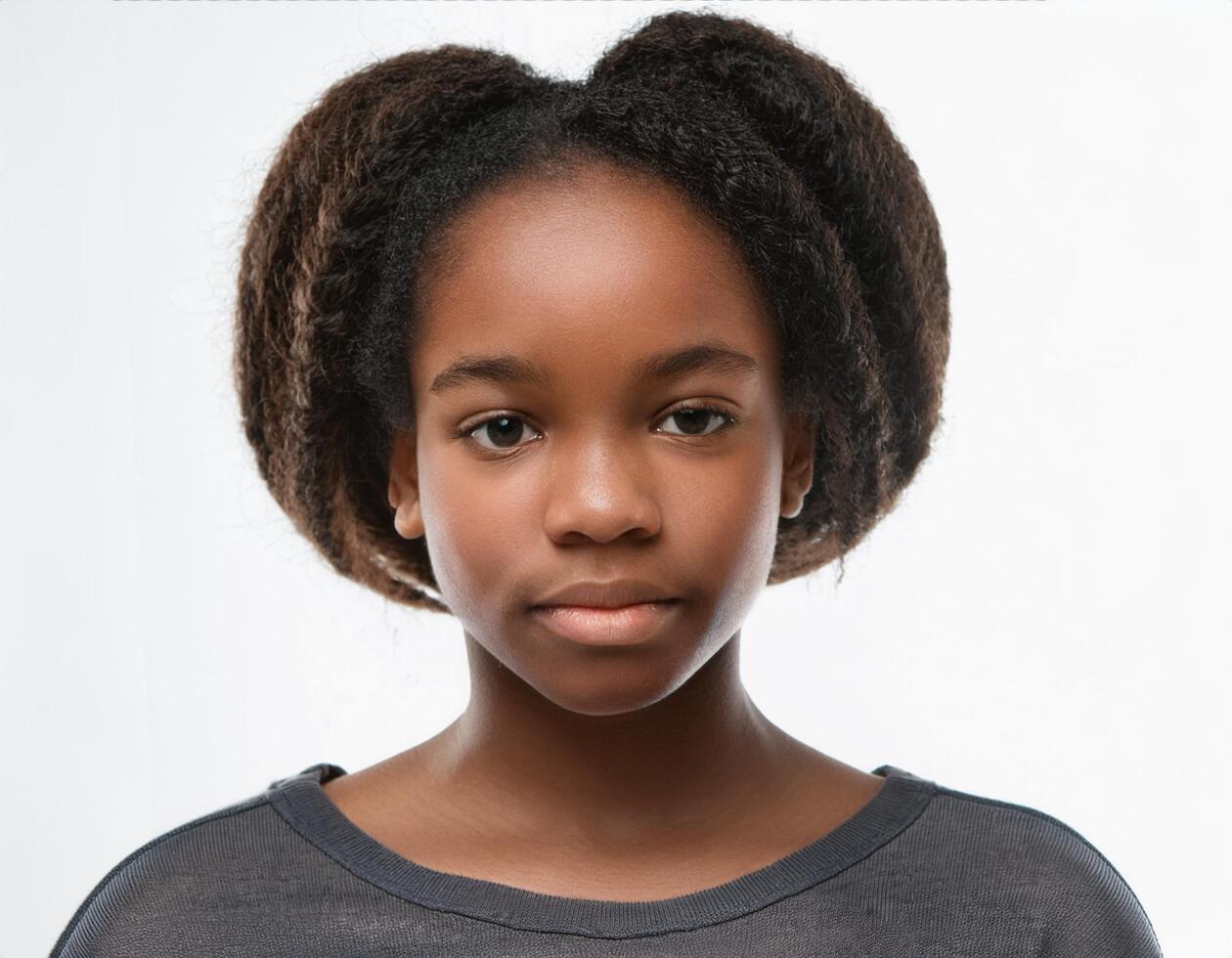 Portrait of African Teenager with Defined Defined Soft Expression on White Background photo