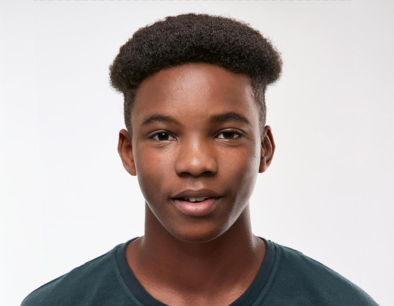 Studio Portrait of African Teenager with Defined Defined Defined Curly Curls on White Background photo