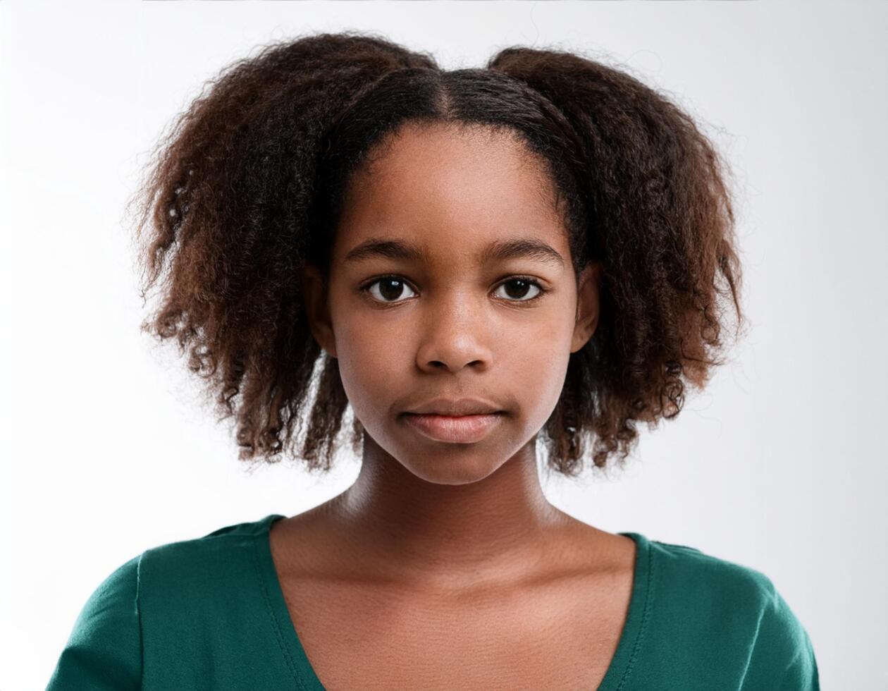 Close Up Portrait of African Teenager with Defined Defined Defined Curly Top on White Background photo