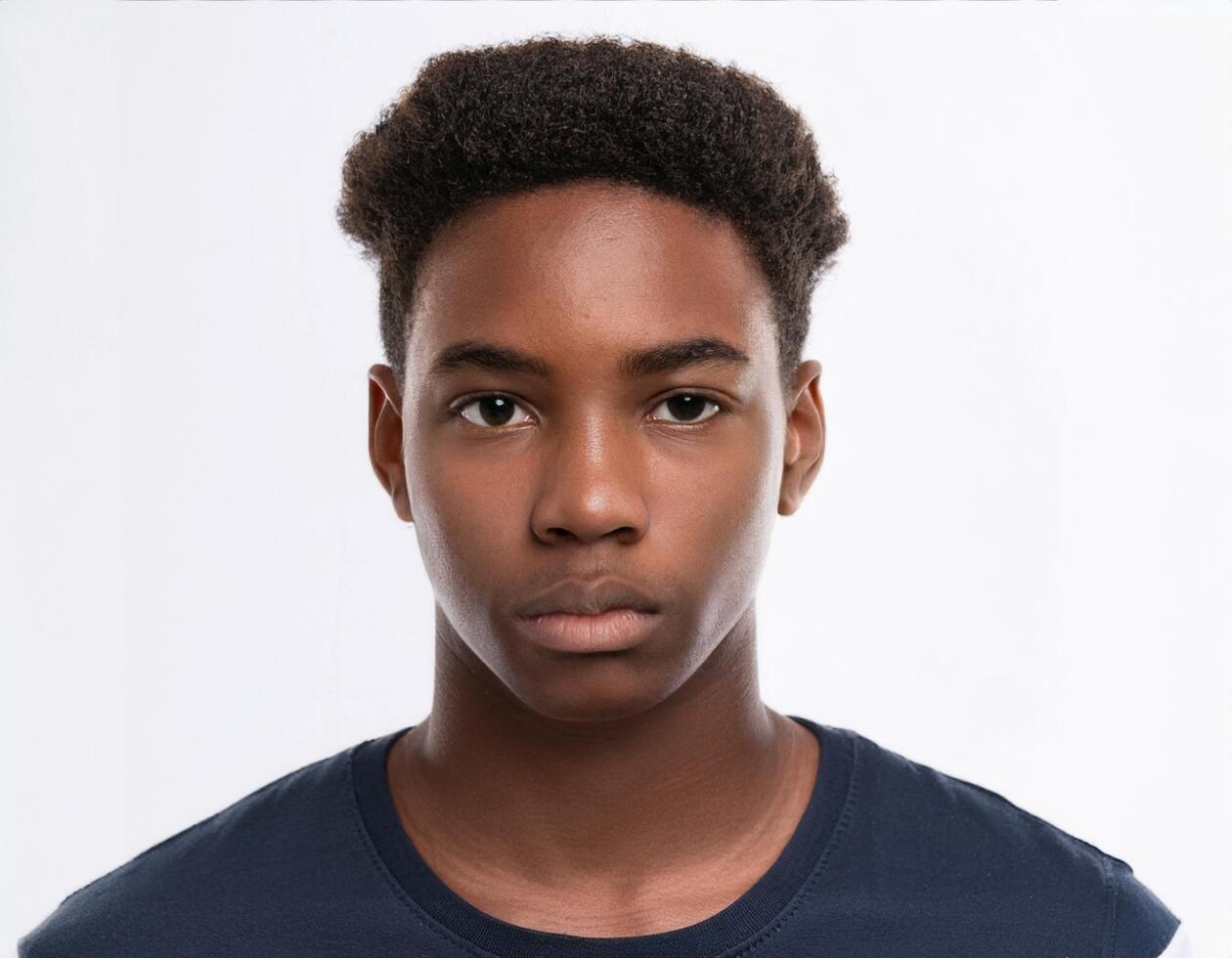 Close Up of African Teenager with Defined Defined Defined Curls on White Background photo