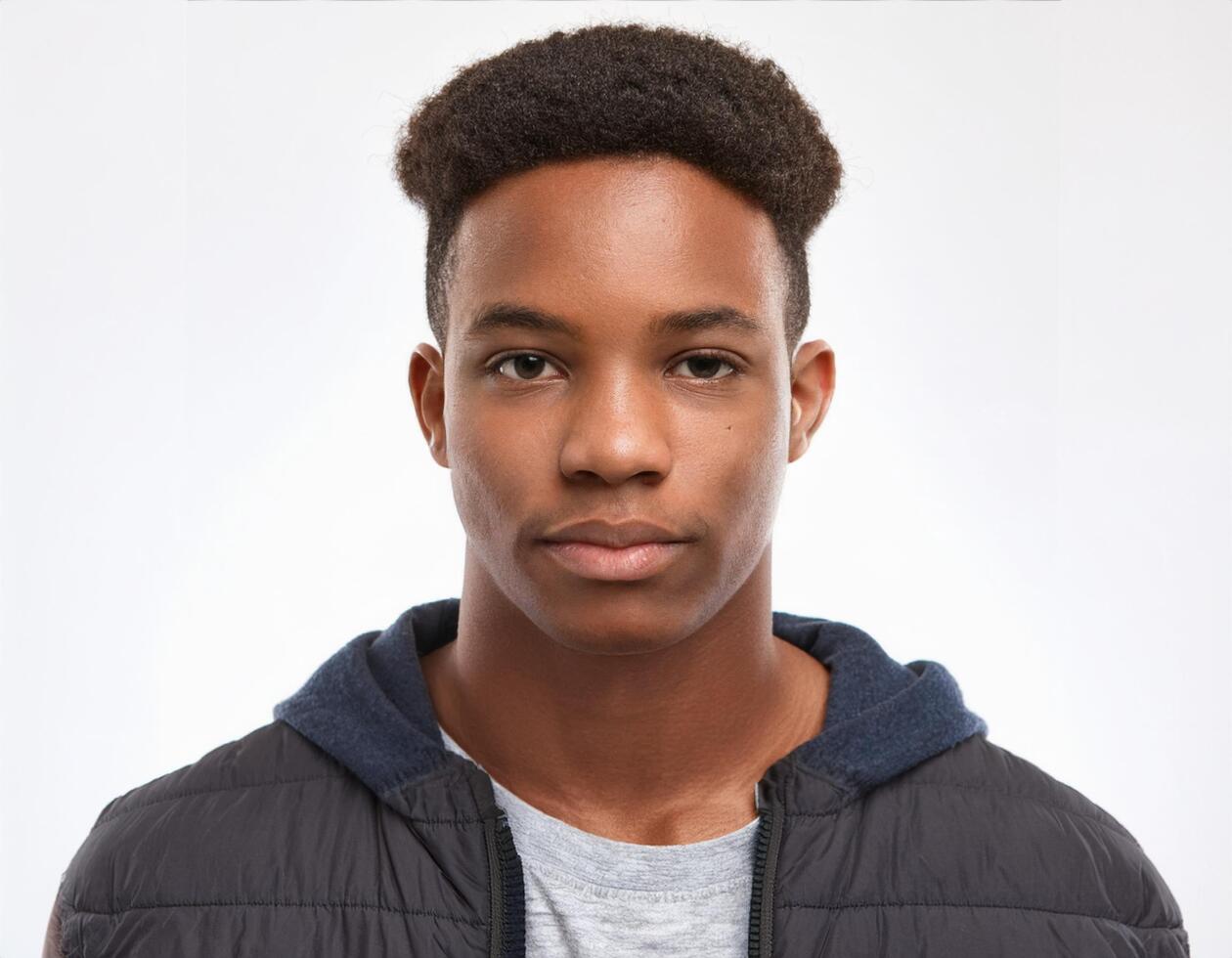 Portrait of African Teenager with Defined Defined Textured High Curled Curls on White Background photo