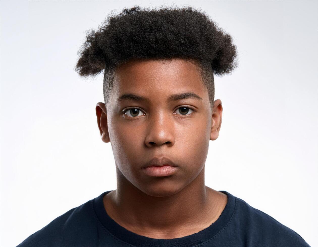 Portrait of African Teenager with Defined Defined Medium Curly Texture on White Background photo