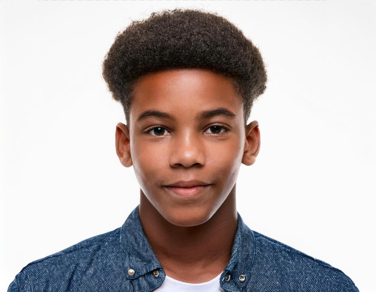 Portrait of African Teenager with Defined Defined Defined Braids and Natural Curls on White Background photo