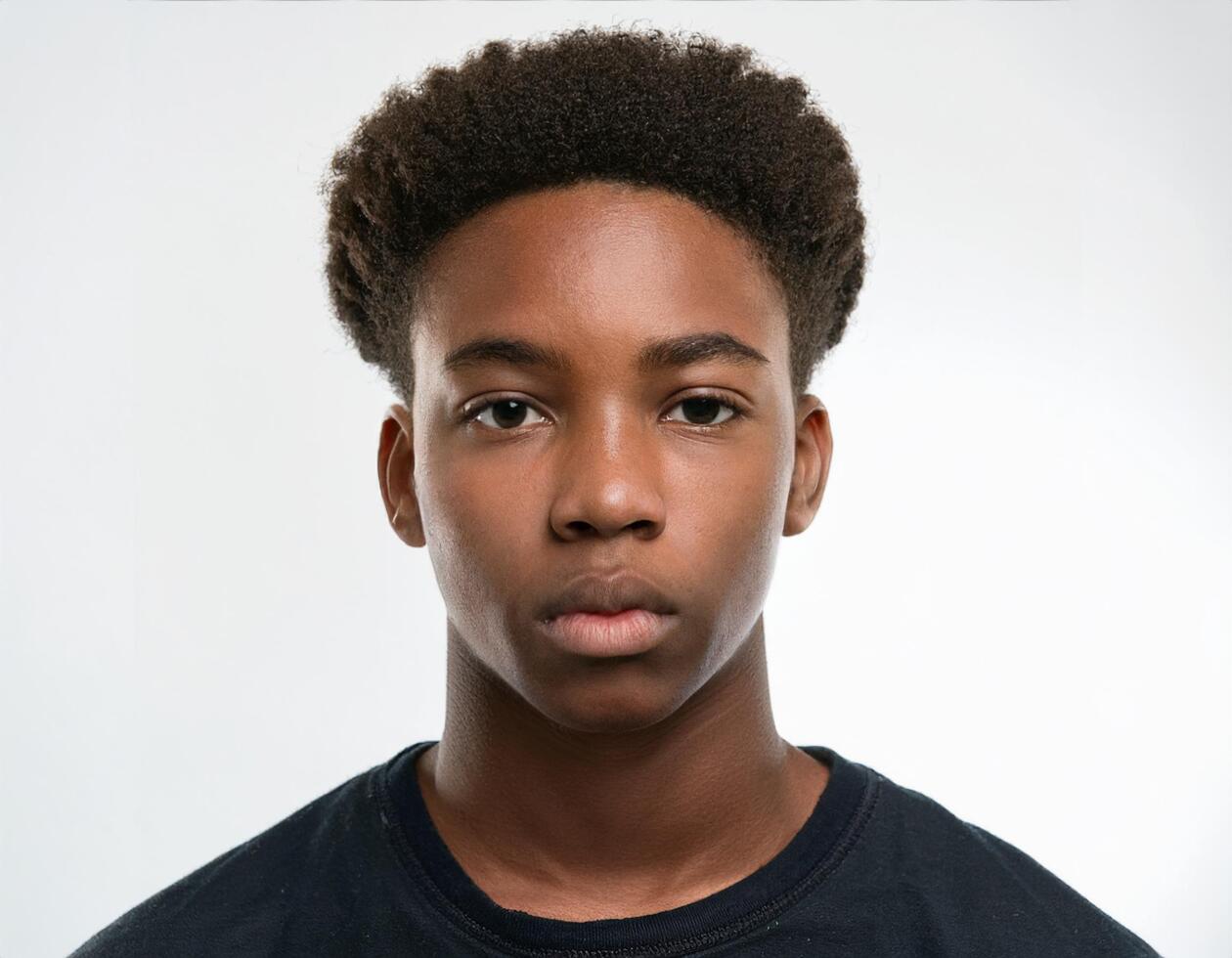 Portrait of African Teenager with Defined Defined Defined Braided High Curls on White Background photo