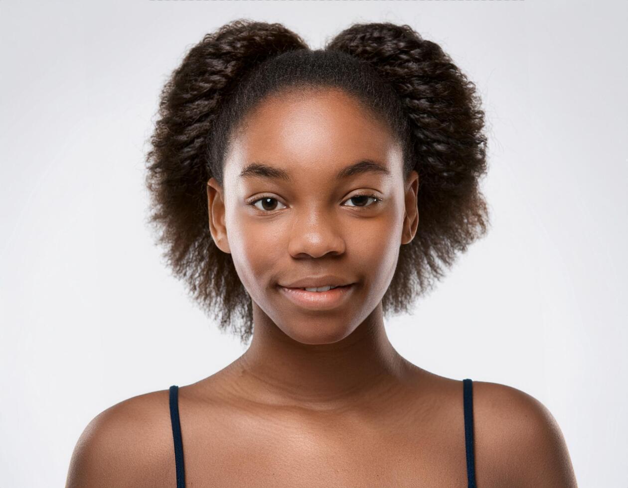 Portrait of African Teenager with Defined Defined Defined Curly Side Parted Curls on White Background photo