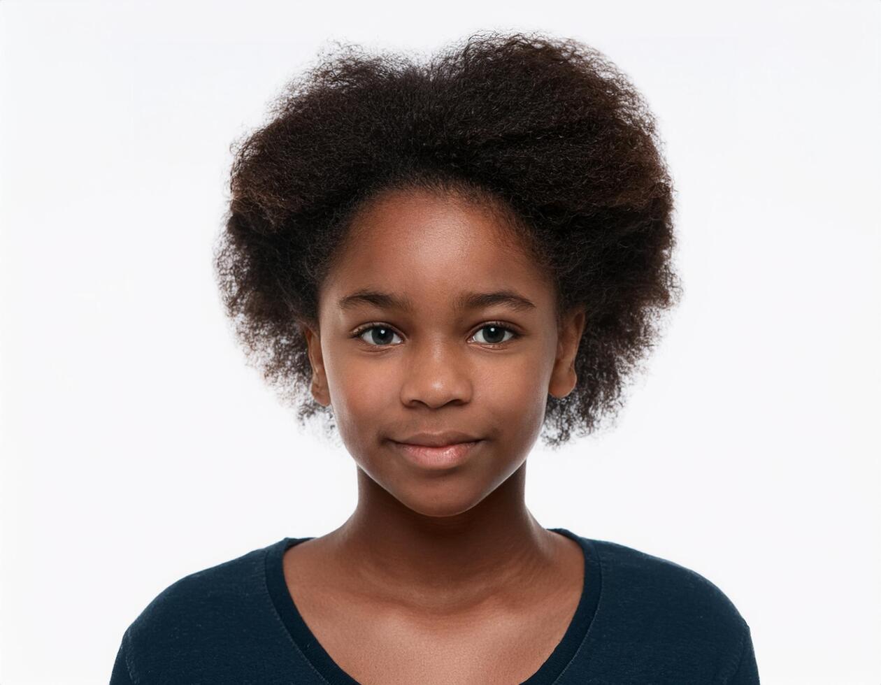Portrait of African Teenager with Defined Defined Defined Full Curly Textured Hair on White Background photo