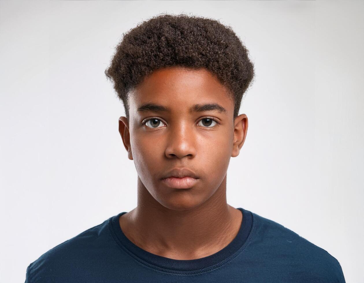 Portrait of African Teenager with Defined Defined Defined Short Natural Curls and Expression on White Background photo