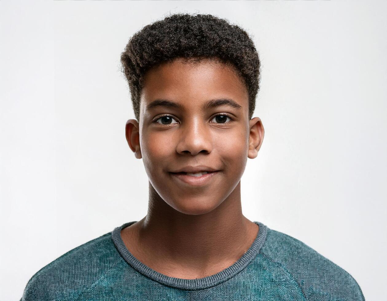 Studio Portrait of African Teenager with Defined Defined Defined Soft Curls and Expression on White Background photo