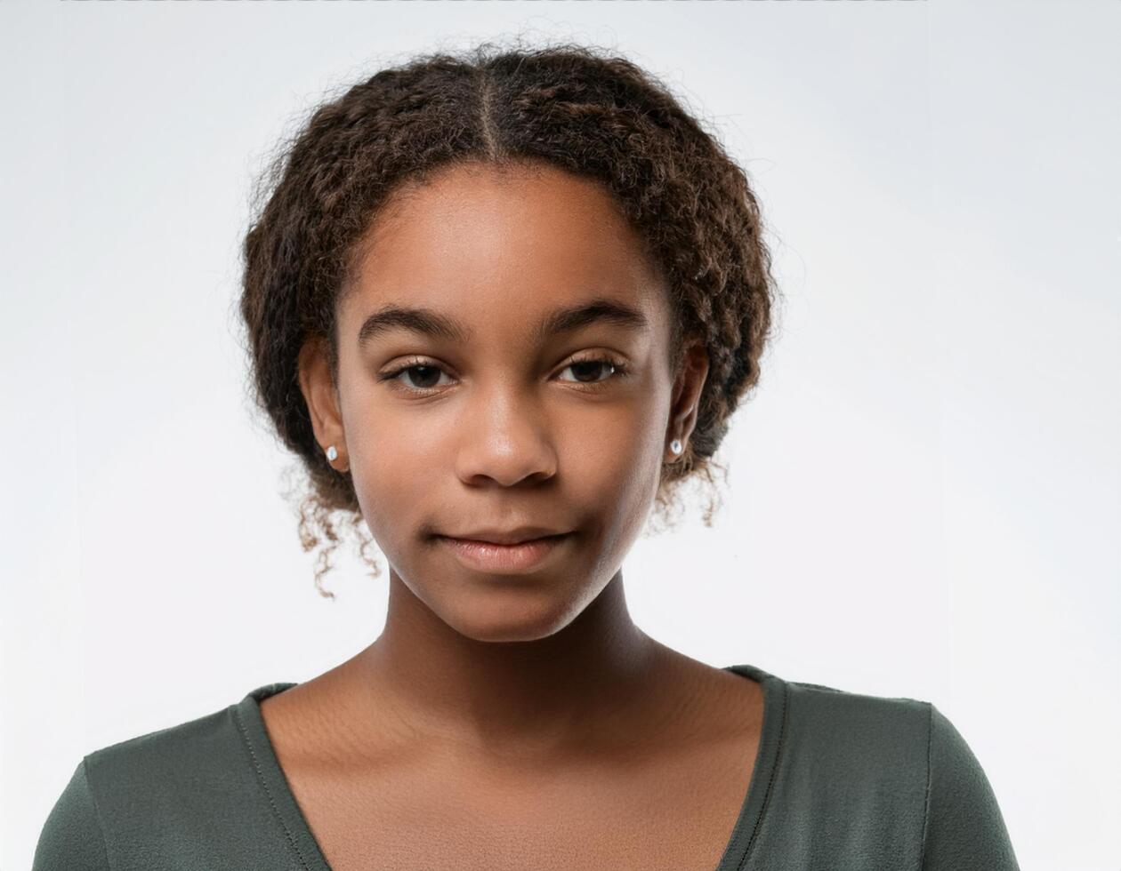 Portrait of African Teenager with Defined Defined Defined Defined Short Natural Braids on White Background photo