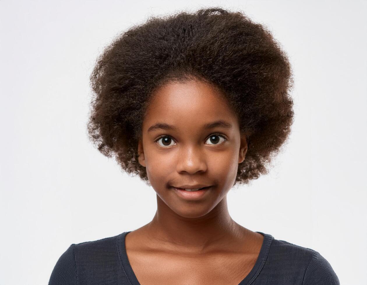 Close Up Portrait of African Teenager with Defined Defined Natural Braided Curls on White Background photo